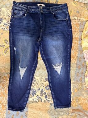 KanCan Dark Blue Distressed Mid-Rise Ankle Skinny Stretch Jeans